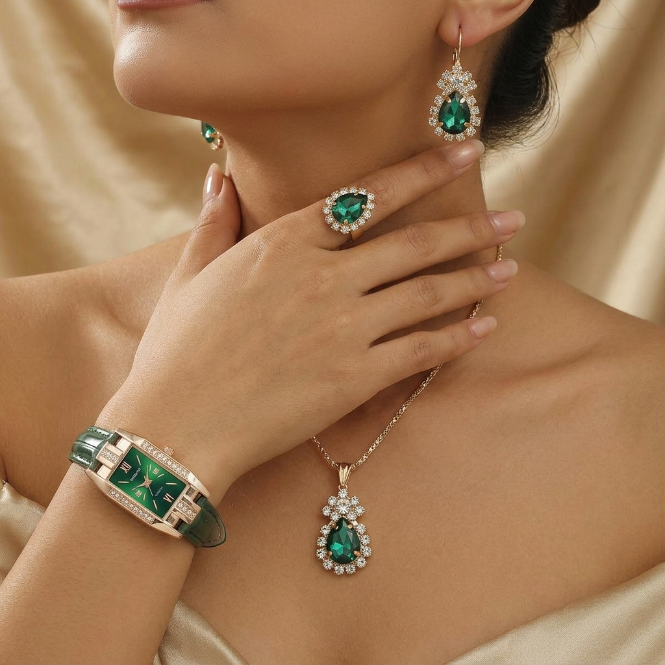 5 In 1 Women's Watch Jewelry Set  Emerald Green Watch Earrings Necklace Ring Jewelry Set Rectangle Quartz Wristwatch Leather Strap   Ladies'  Business Watch Gift Set For Daily Wear Parties