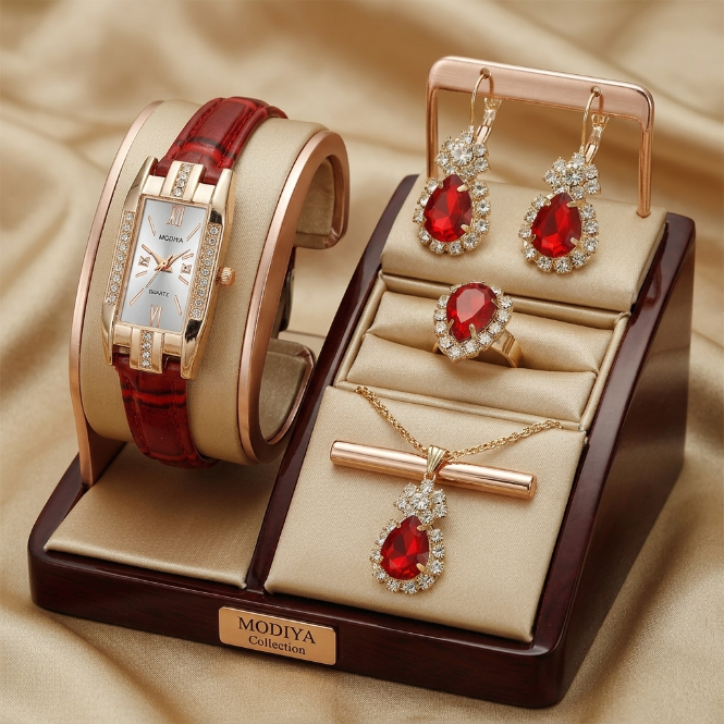 5 In 1 Women's Watch Jewelry Set  Emerald Green Watch Earrings Necklace Ring Jewelry Set Rectangle Quartz Wristwatch Leather Strap   Ladies'  Business Watch Gift Set For Daily Wear Parties
