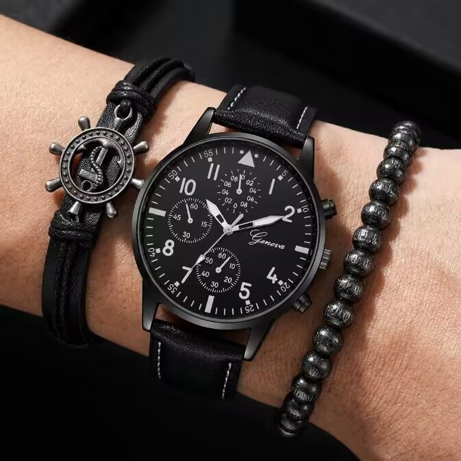 3 In 1 Men's Watch And Bracelet Set Sports Watch Men's Business Luxury Chronograph Style Black Leather Quartz Wristwatch With Anchor Rudder Charm Bracelet And Beaded Bracelet Fashion Gift Set For Men