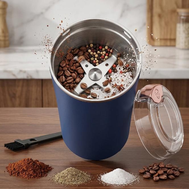UPHUI Electric Coffee Grinder Spice Grinder Coffee Bean And Vanilla Grinder Equipped With A Brush Spoon And One Button Stainless Steel Grinding Suitable For Vanilla Peanut Grain And Bean Grinding