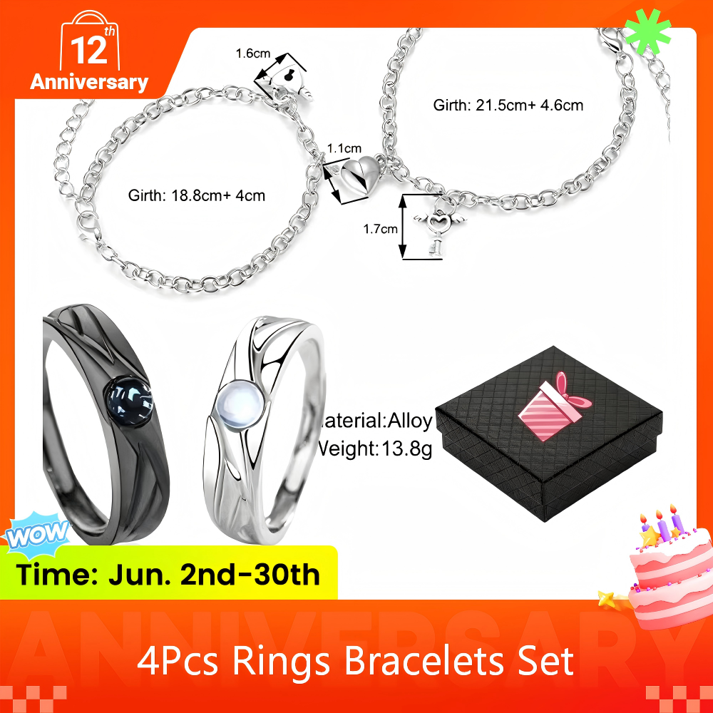 UPHUI 4Pcs Couple Jewelry Set 2Pcs Magnetic Heart Bracelets And 2Pcs Matching Promise Rings Alloy Couple Accessories With Gift Box For Valentines Day Anniversary And Couple Matching