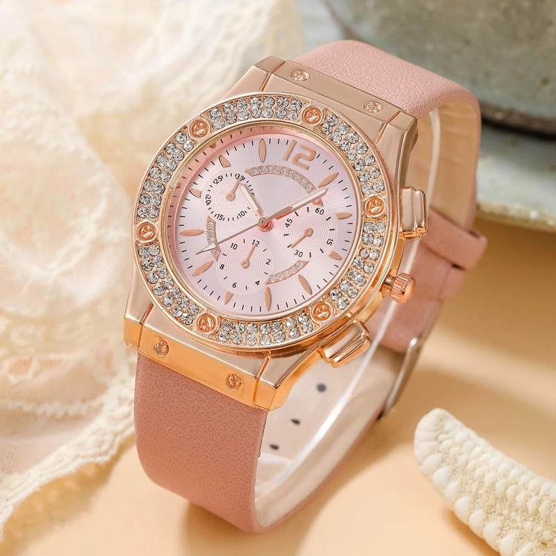 2Pcs Set Watch Bracelet Watch Bohemian Style Fashion Women Rose Gold Pink Diamond Rose Flower Exaggerated Jewelry Set For Shopping And Mtching Everyday Wear Or Gifts