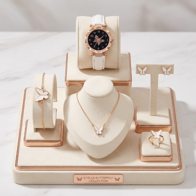 6 In 1 Women's Watch Jewelry Set Earrings Rings Necklace Bracelet Set  Ladies' Butterfly Jewelry Set Women's Wristwatch Leather Strap Quartz Watch Ladies' Butterfly Watch Set For Daily Wear Parties