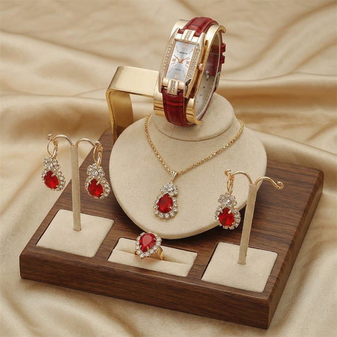 5 In 1 Women's Watch Jewelry Set  Emerald Green Watch Earrings Necklace Ring Jewelry Set Rectangle Quartz Wristwatch Leather Strap   Ladies'  Business Watch Gift Set For Daily Wear Parties