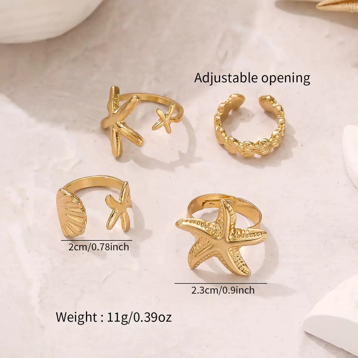 4PCS Women's Rings Set Starfish Shell Leaf Ring Ocean Style Fashion Women Gold Stackable Exaggerated Jewelry Set For Daily Use Party Nightclub Beach Trip Summer Vacation Birthday Gift For Her