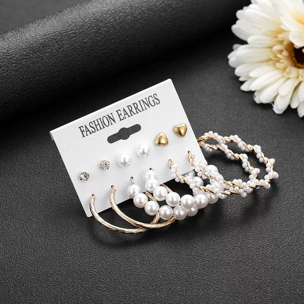 12PCS Earrings Women's Oversized Earrings Pearl Diamond Love Stud Earrings 6 Sets Gold Exaggerated Earrings Stud Earrings For Shopping And Mtching Everyday Wear Or Gifts