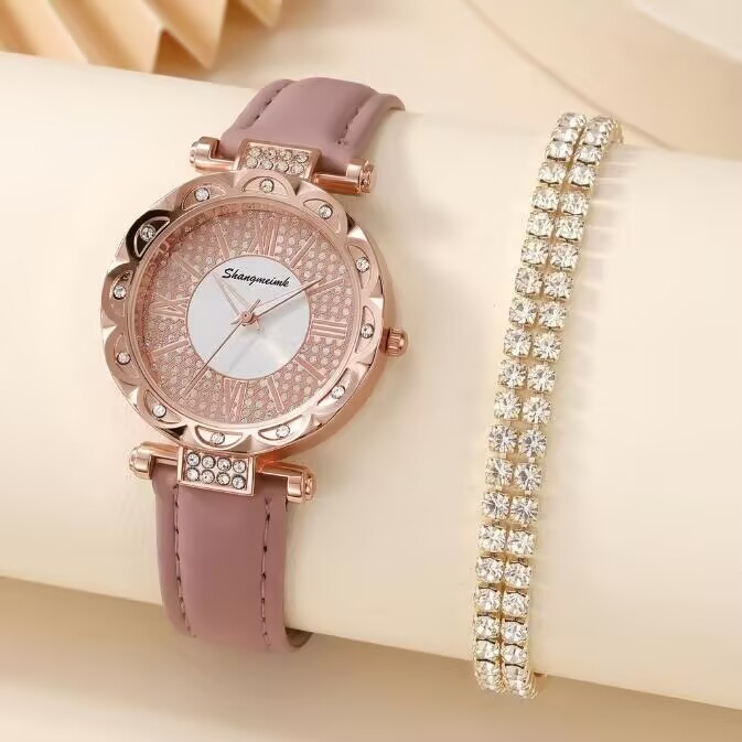 2 In 1 Women's Watch And Full Diamond Bracelet Set Sparkling Crystal Quartz Wristwatch With Pink Leather Strap And Matching Tennis Bracelet Fashion Elegant Ladies Accessories Gift Set