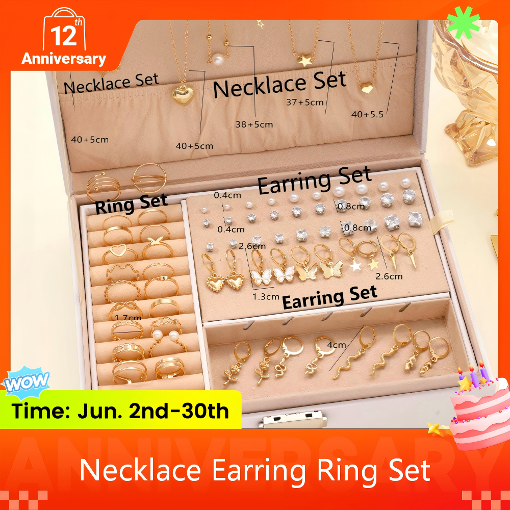 76PCS Luxury Jewelry Set Butterfly Necklace Set Butterfly Ring And Earring Set Diamond And Pearl Earnail Set Elegant Zircon Pendant Earring Ring Necklace Women's Daily Jewelry Gift For Friends