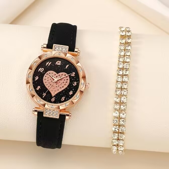2 In 1 Women's Watch And Full Diamond Bracelet Set Sparkling Crystal Quartz Wristwatch With Pink Leather Strap And Matching Tennis Bracelet Fashion Elegant Ladies Accessories Gift Set