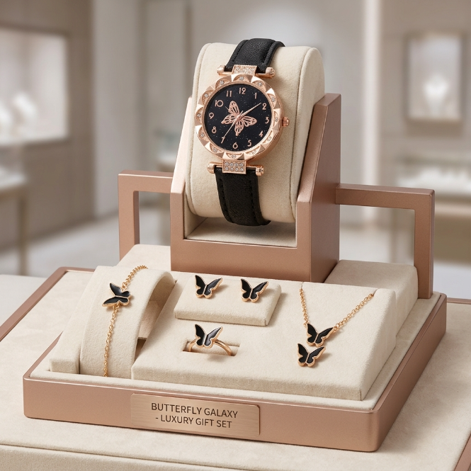 6 In 1 Women's Watch Jewelry Set Earrings Rings Necklace Bracelet Set  Ladies' Butterfly Jewelry Set Women's Wristwatch Leather Strap Quartz Watch Ladies' Butterfly Watch Set For Daily Wear Parties