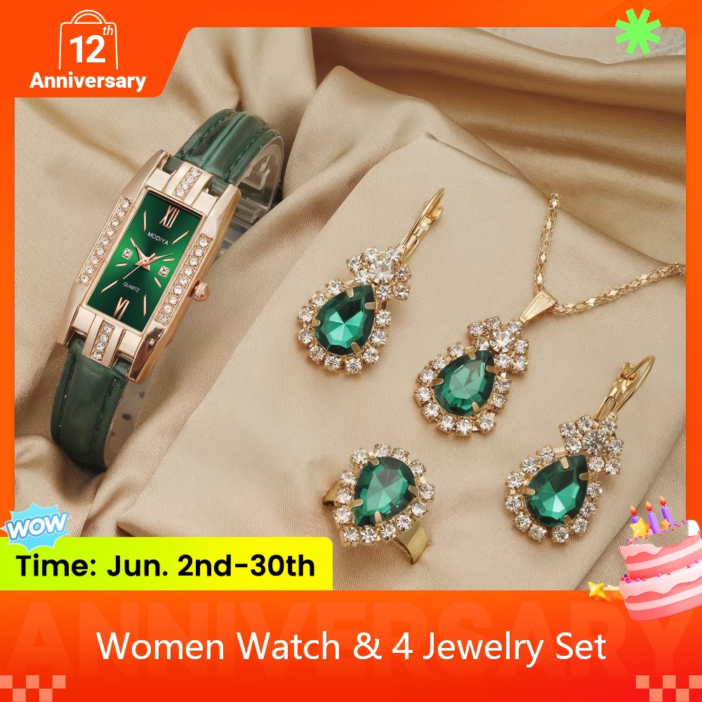 5 In 1 Women's Watch Jewelry Set  Emerald Green Watch Earrings Necklace Ring Jewelry Set Rectangle Quartz Wristwatch Leather Strap   Ladies'  Business Watch Gift Set For Daily Wear Parties