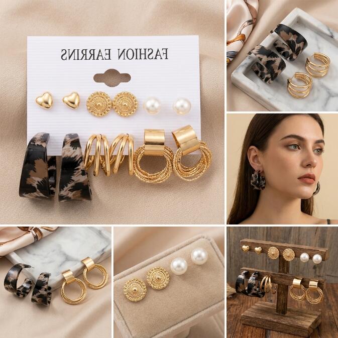 12Pcs Set Earrings Bohemian Style Women Leopard Print Fashion Wild Retro Geometric Circle Pearl Love Stud Gold Exaggerated Earrings Stud Earrings For Everyday Wear Or Gifts For Shopping And Mtching