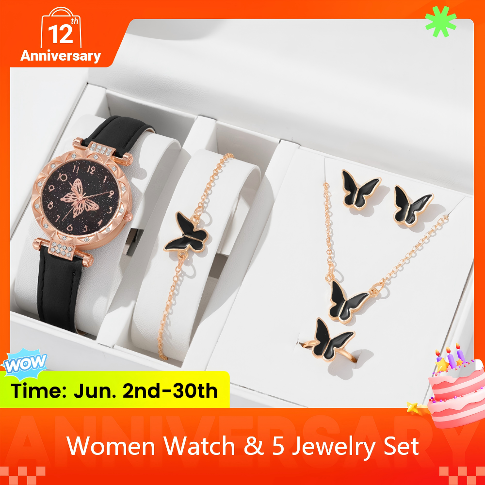 6 In 1 Women's Watch Jewelry Set Earrings Rings Necklace Bracelet Set  Ladies' Butterfly Jewelry Set Women's Wristwatch Leather Strap Quartz Watch Ladies' Butterfly Watch Set For Daily Wear Parties
