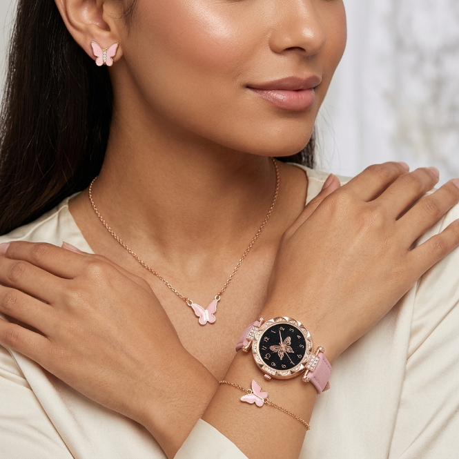6 In 1 Women's Watch Jewelry Set Earrings Rings Necklace Bracelet Set  Ladies' Butterfly Jewelry Set Women's Wristwatch Leather Strap Quartz Watch Ladies' Butterfly Watch Set For Daily Wear Parties