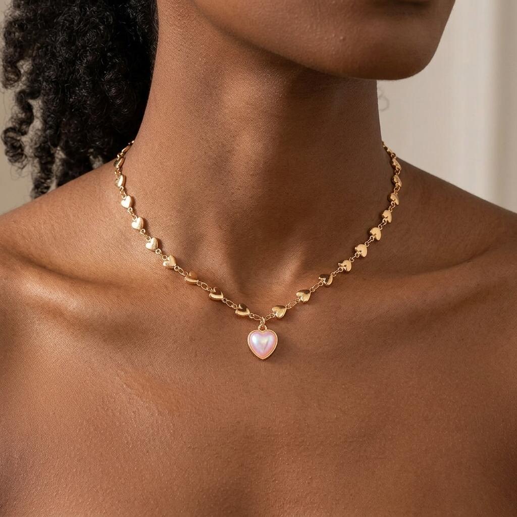 UPHUI Lady's Necklace 18K Gold Plated Heart Chain Choker With Delicate White Mother Of Pearl Heart Pendant Skin Friendly Hypoallergenic Lightweight Elegant Fashion Accessories Suitable For Daily Wear