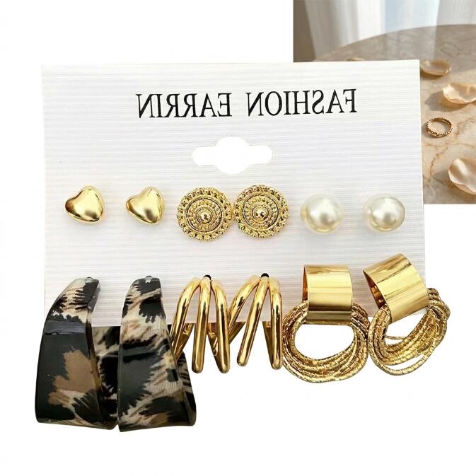12Pcs Set Earrings Bohemian Style Women Leopard Print Fashion Wild Retro Geometric Circle Pearl Love Stud Gold Exaggerated Earrings Stud Earrings For Everyday Wear Or Gifts For Shopping And Mtching
