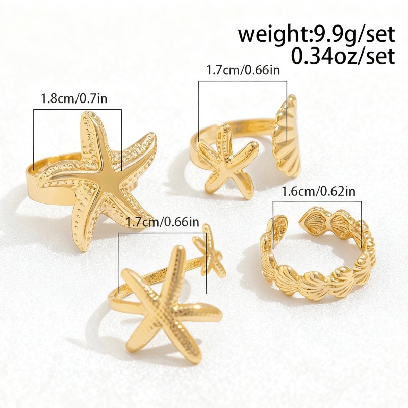 4PCS Women's Rings Set Starfish Shell Leaf Ring Ocean Style Fashion Women Gold Stackable Exaggerated Jewelry Set For Daily Use Party Nightclub Beach Trip Summer Vacation Birthday Gift For Her
