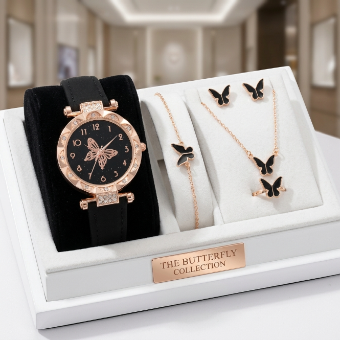 6 In 1 Women's Watch Jewelry Set Earrings Rings Necklace Bracelet Set  Ladies' Butterfly Jewelry Set Women's Wristwatch Leather Strap Quartz Watch Ladies' Butterfly Watch Set For Daily Wear Parties