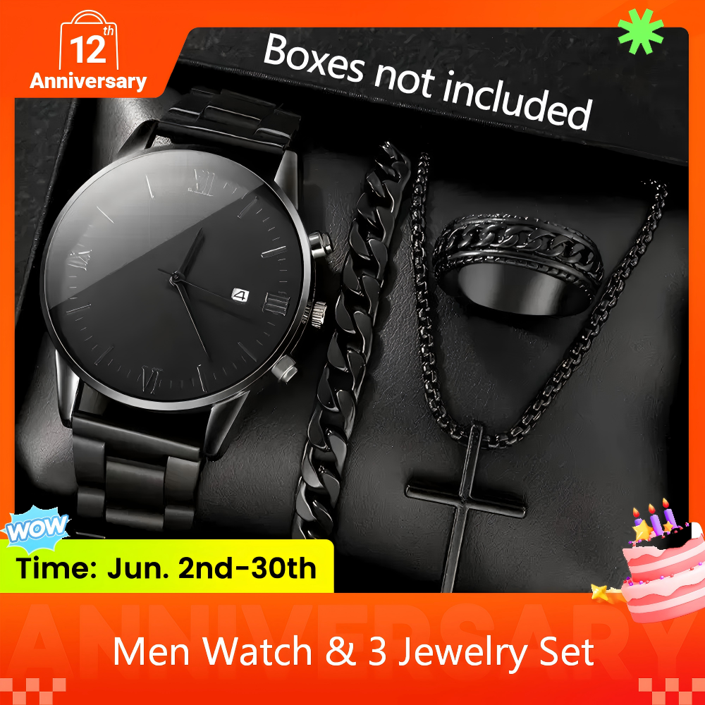 4 In 1 Men's Watch Set And Jewelry Set Black Men's Calendar Watch Rings Bracelet Necklace Black Cross Necklace Set Titanium Steel  Cuban  Not Easy to Fade Daily Wear Business Leisure Daily Wear