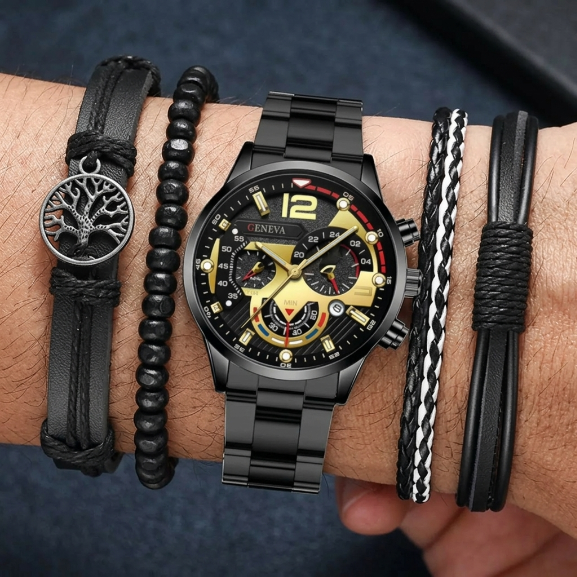 5 In 1 Men's Watch Bracelets Set Men's Geneva Calendar Business Quartz Steel Strip Watch AndWith Life Tree Leather Beaded Braided Bracelets Fashion Casual Accessories Gift Set For Men