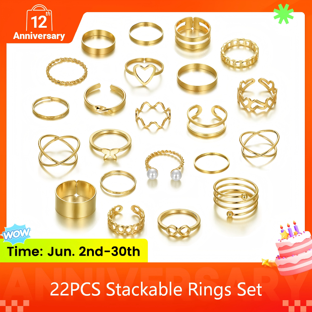 22PCS Women's Butterfly Rings Opening Multioint Rings Set Love Rings Female High Quality Accessories Women's Jewelry Set Used For Shooting Props Or Daily Wear