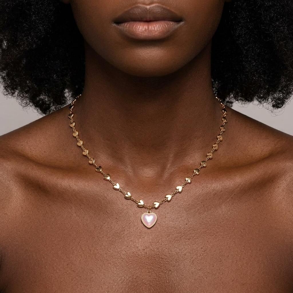 UPHUI Lady's Necklace 18K Gold Plated Heart Chain Choker With Delicate White Mother Of Pearl Heart Pendant Skin Friendly Hypoallergenic Lightweight Elegant Fashion Accessories Suitable For Daily Wear