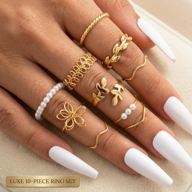 10Pcs Women's Ring Set Open Ring Pearl Ring Flower Ring High Quality Zircon Simple Lightweight Luxury Women's Open Ring