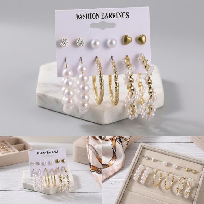 12PCS Earrings Women's Oversized Earrings Pearl Diamond Love Stud Earrings 6 Sets Gold Exaggerated Earrings Stud Earrings For Shopping And Mtching Everyday Wear Or Gifts