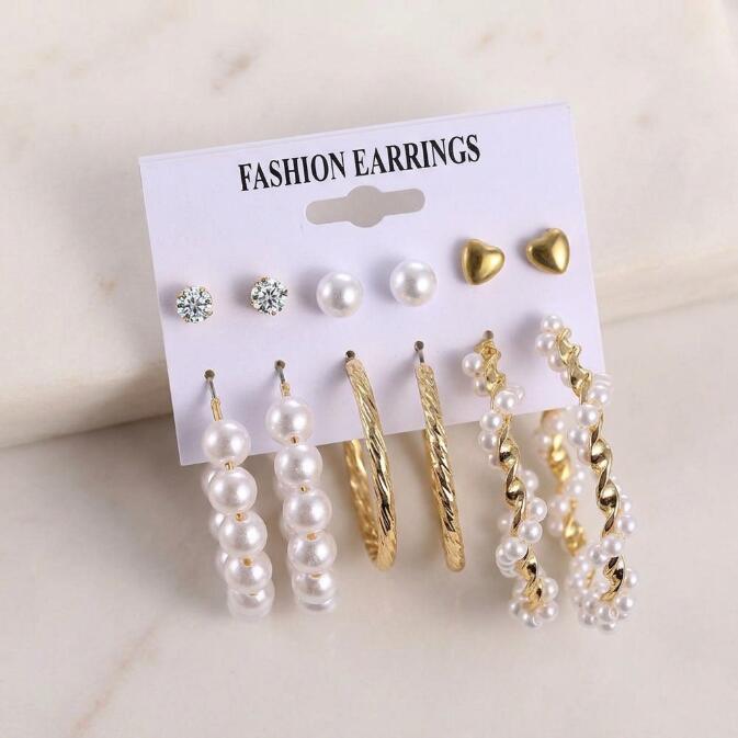 12PCS Earrings Women's Oversized Earrings Pearl Diamond Love Stud Earrings 6 Sets Gold Exaggerated Earrings Stud Earrings For Shopping And Mtching Everyday Wear Or Gifts