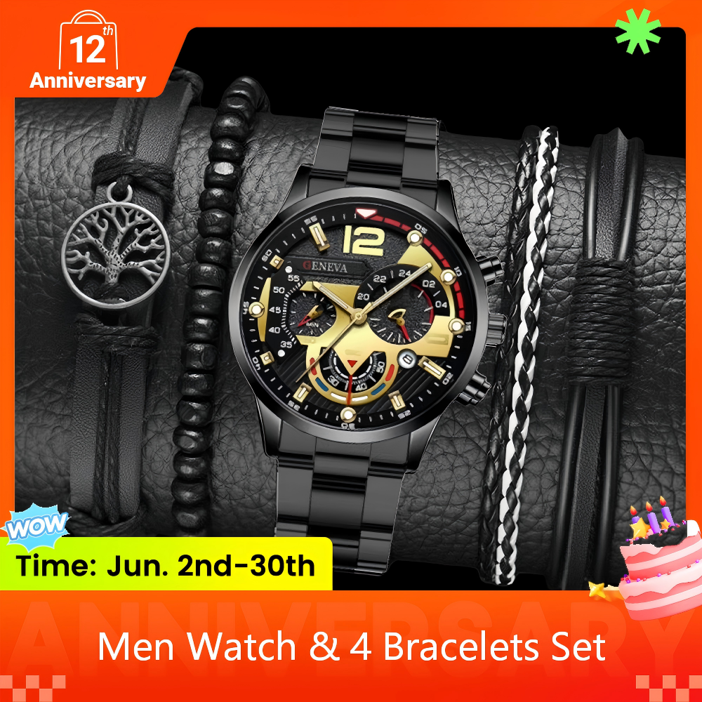 5 In 1 Men's Watch Bracelets Set Men's Geneva Calendar Business Quartz Steel Strip Watch AndWith Life Tree Leather Beaded Braided Bracelets Fashion Casual Accessories Gift Set For Men