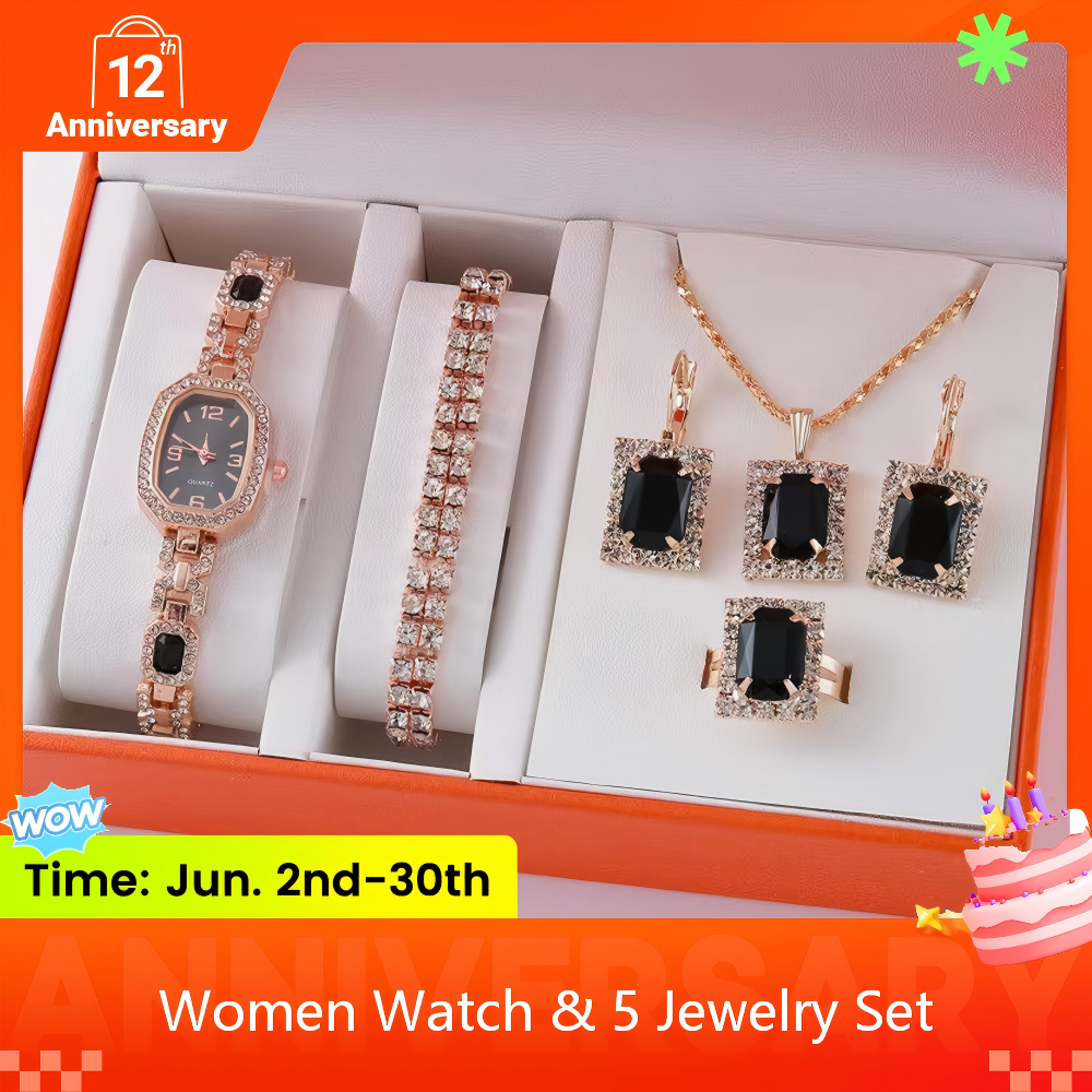 6 In 1 Women's Black Gemstone Watch Jewelry Set Square Inlaid Diamond Steel Strap Ring Necklace Earrings Double Row Full Diamond Bracelet Set Exquisite Elite Elegant Ladies' Casual Diamond For Gift