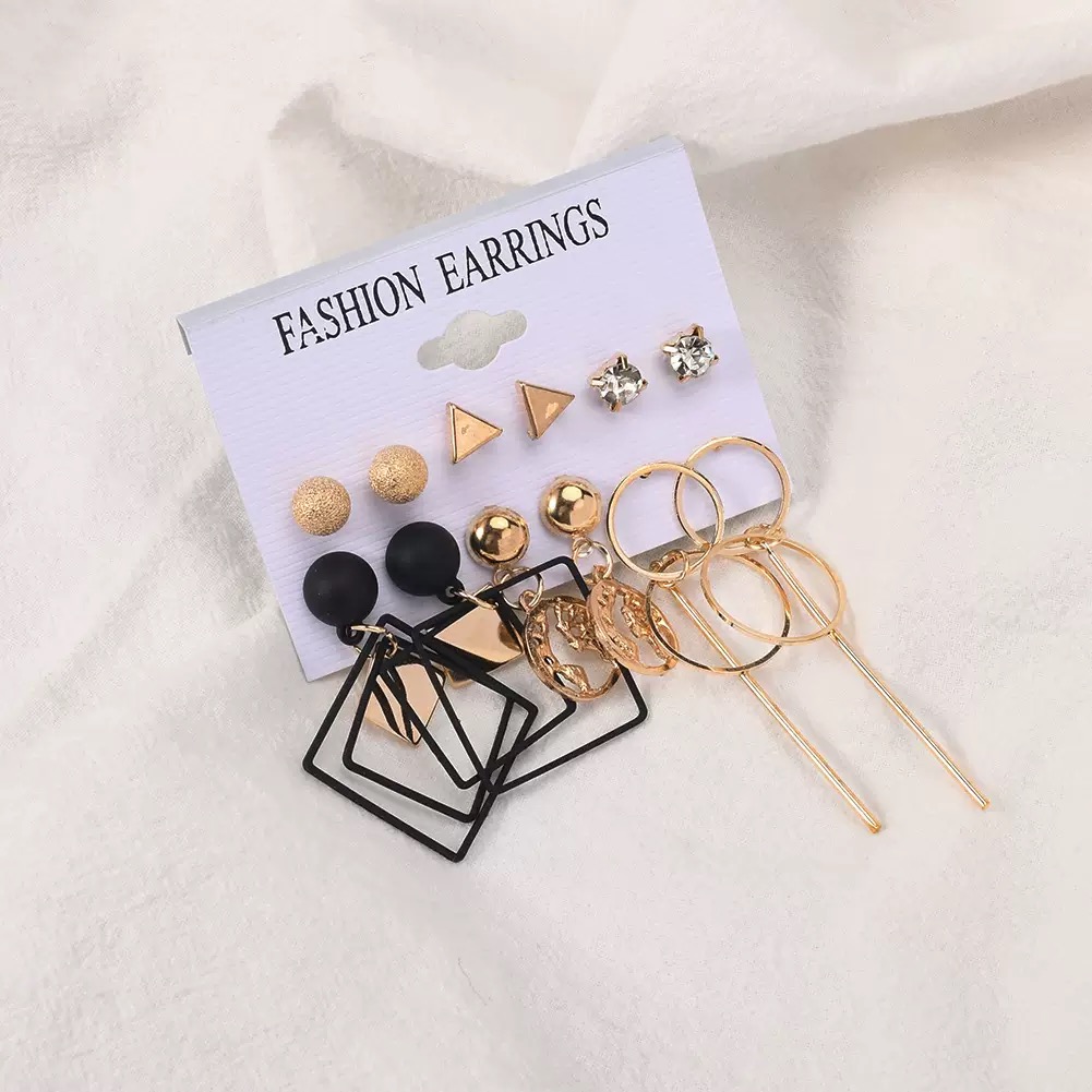 12 PCS Earrings Set Geometric Black Gold Diamond Globe Pendant Long Hoop Fashion Earrings For Daily Wear & Matching