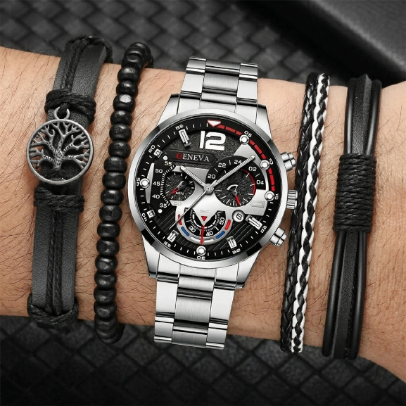 5 In 1 Men's Watch Bracelets Set Men's Geneva Calendar Business Quartz Steel Strip Watch AndWith Life Tree Leather Beaded Braided Bracelets Fashion Casual Accessories Gift Set For Men