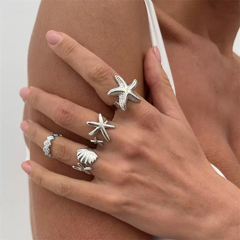 4PCS Women's Rings Set Starfish Shell Leaf Ring Ocean Style Fashion Women Gold Stackable Exaggerated Jewelry Set For Daily Use Party Nightclub Beach Trip Summer Vacation Birthday Gift For Her