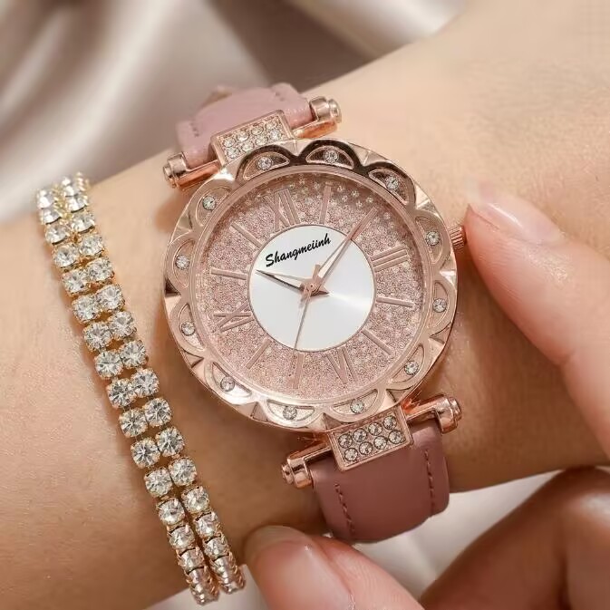 2 In 1 Women's Watch And Full Diamond Bracelet Set Sparkling Crystal Quartz Wristwatch With Pink Leather Strap And Matching Tennis Bracelet Fashion Elegant Ladies Accessories Gift Set