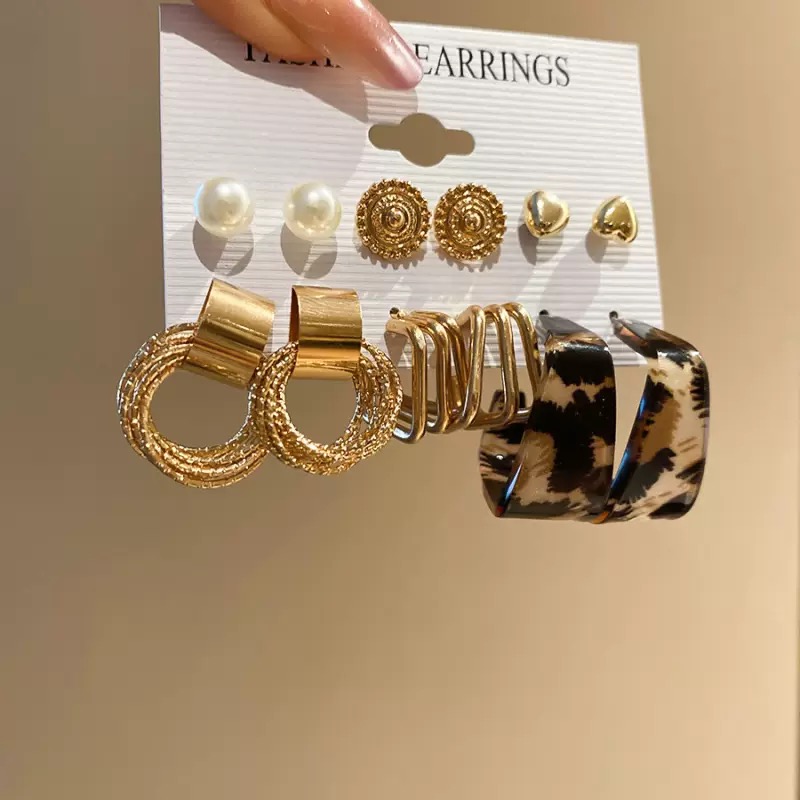 12Pcs Set Earrings Bohemian Style Women Leopard Print Fashion Wild Retro Geometric Circle Pearl Love Stud Gold Exaggerated Earrings Stud Earrings For Everyday Wear Or Gifts For Shopping And Mtching