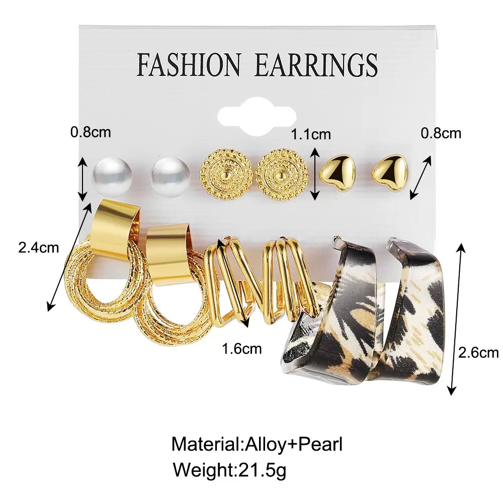 12Pcs Set Earrings Bohemian Style Women Leopard Print Fashion Wild Retro Geometric Circle Pearl Love Stud Gold Exaggerated Earrings Stud Earrings For Everyday Wear Or Gifts For Shopping And Mtching