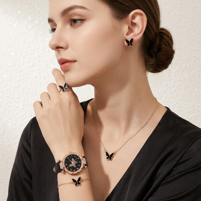 6 In 1 Women's Watch Jewelry Set Earrings Rings Necklace Bracelet Set  Ladies' Butterfly Jewelry Set Women's Wristwatch Leather Strap Quartz Watch Ladies' Butterfly Watch Set For Daily Wear Parties