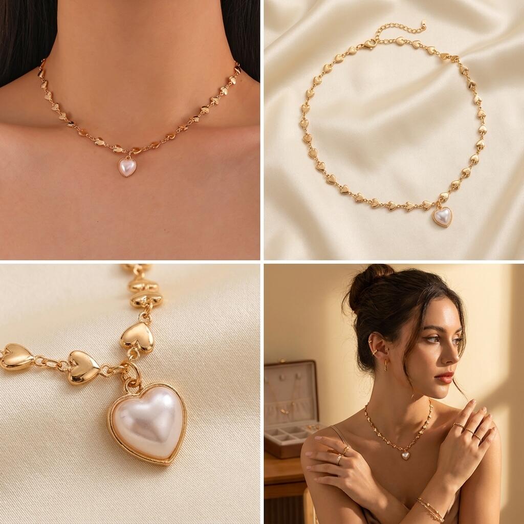 UPHUI Lady's Necklace 18K Gold Plated Heart Chain Choker With Delicate White Mother Of Pearl Heart Pendant Skin Friendly Hypoallergenic Lightweight Elegant Fashion Accessories Suitable For Daily Wear