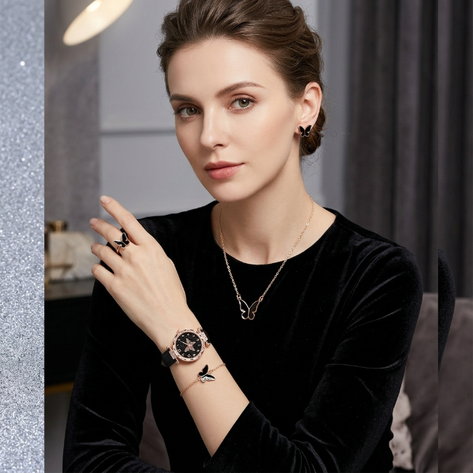 6 In 1 Women's Watch Jewelry Set Earrings Rings Necklace Bracelet Set  Ladies' Butterfly Jewelry Set Women's Wristwatch Leather Strap Quartz Watch Ladies' Butterfly Watch Set For Daily Wear Parties