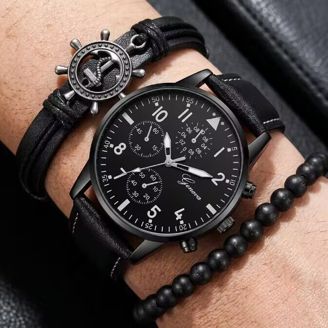 3 In 1 Men's Watch And Bracelet Set Sports Watch Men's Business Luxury Chronograph Style Black Leather Quartz Wristwatch With Anchor Rudder Charm Bracelet And Beaded Bracelet Fashion Gift Set For Men