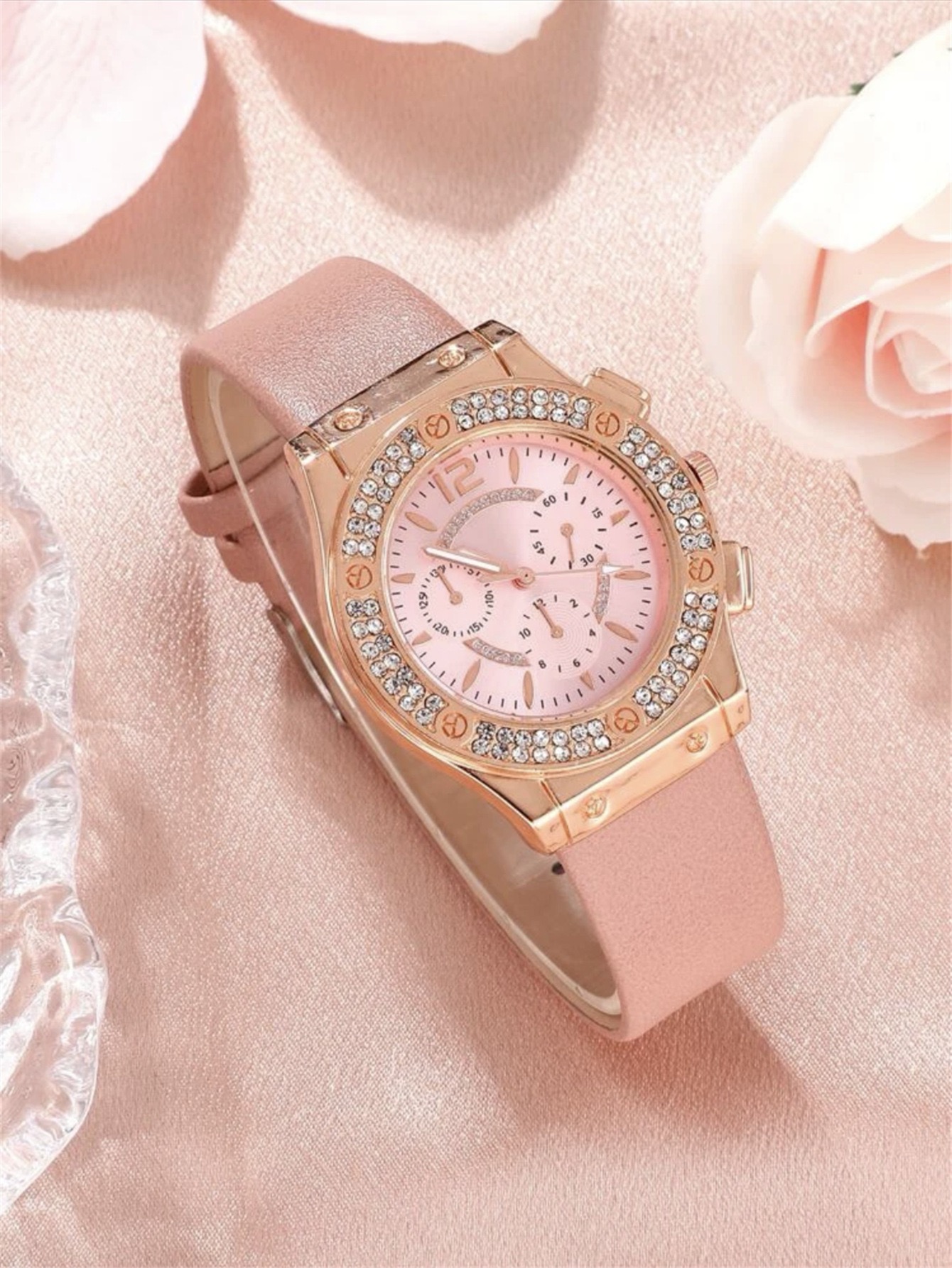2Pcs Set Watch Bracelet Watch Bohemian Style Fashion Women Rose Gold Pink Diamond Rose Flower Exaggerated Jewelry Set For Shopping And Mtching Everyday Wear Or Gifts