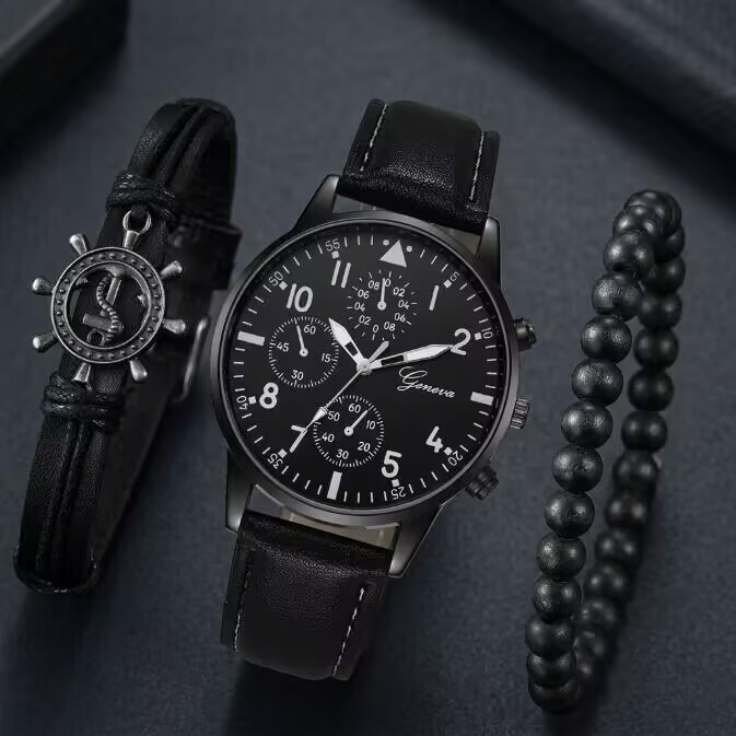3 In 1 Men's Watch And Bracelet Set Sports Watch Men's Business Luxury Chronograph Style Black Leather Quartz Wristwatch With Anchor Rudder Charm Bracelet And Beaded Bracelet Fashion Gift Set For Men