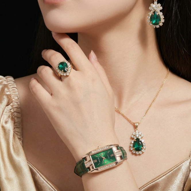 5 In 1 Women's Watch Jewelry Set  Emerald Green Watch Earrings Necklace Ring Jewelry Set Rectangle Quartz Wristwatch Leather Strap   Ladies'  Business Watch Gift Set For Daily Wear Parties