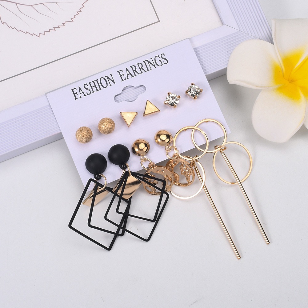 12 PCS Earrings Set Geometric Black Gold Diamond Globe Pendant Long Hoop Fashion Earrings For Daily Wear & Matching