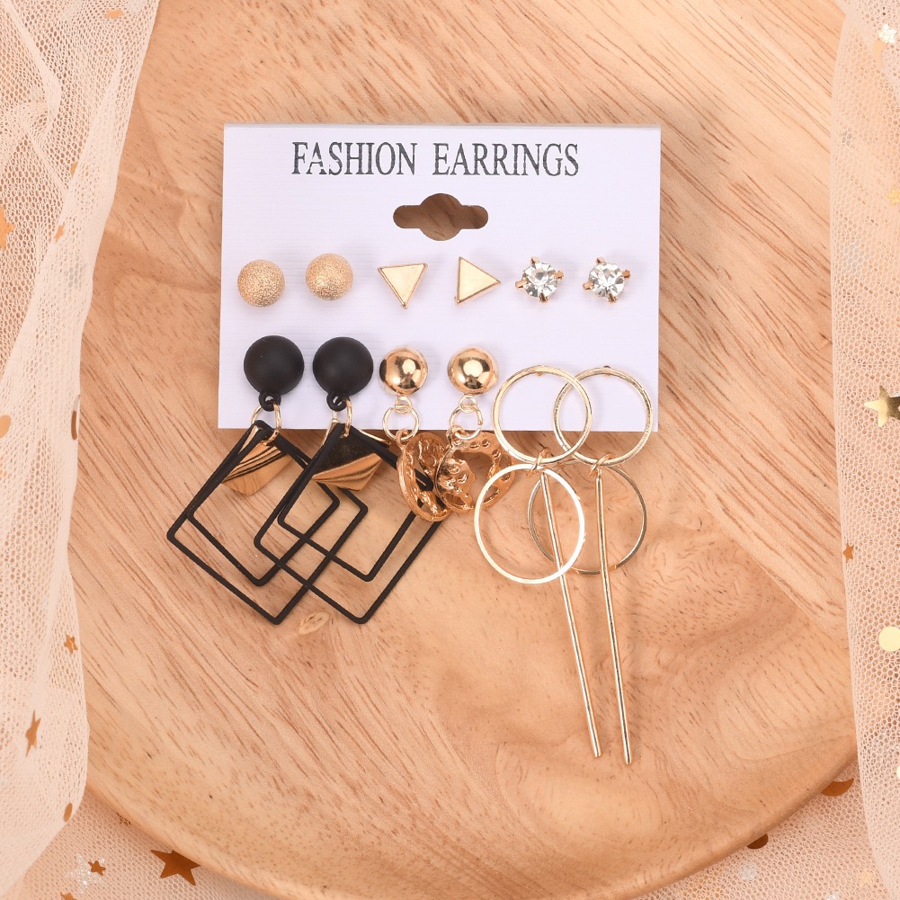 12 PCS Earrings Set Geometric Black Gold Diamond Globe Pendant Long Hoop Fashion Earrings For Daily Wear & Matching