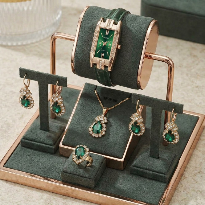 5 In 1 Women's Watch Jewelry Set  Emerald Green Watch Earrings Necklace Ring Jewelry Set Rectangle Quartz Wristwatch Leather Strap   Ladies'  Business Watch Gift Set For Daily Wear Parties