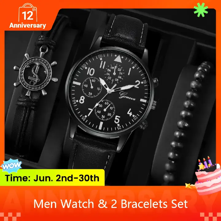 3 In 1 Men's Watch And Bracelet Set Sports Watch Men's Business Luxury Chronograph Style Black Leather Quartz Wristwatch With Anchor Rudder Charm Bracelet And Beaded Bracelet Fashion Gift Set For Men