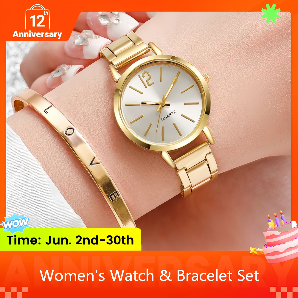 2 In 1 Womens Gold Watch And Bracelet Set Minimalist Quartz Wristwatch With Stainless Steel Band And Adjustable Love Bangle Fashion Casual Ladies Accessories Gift Set For Daily Wear