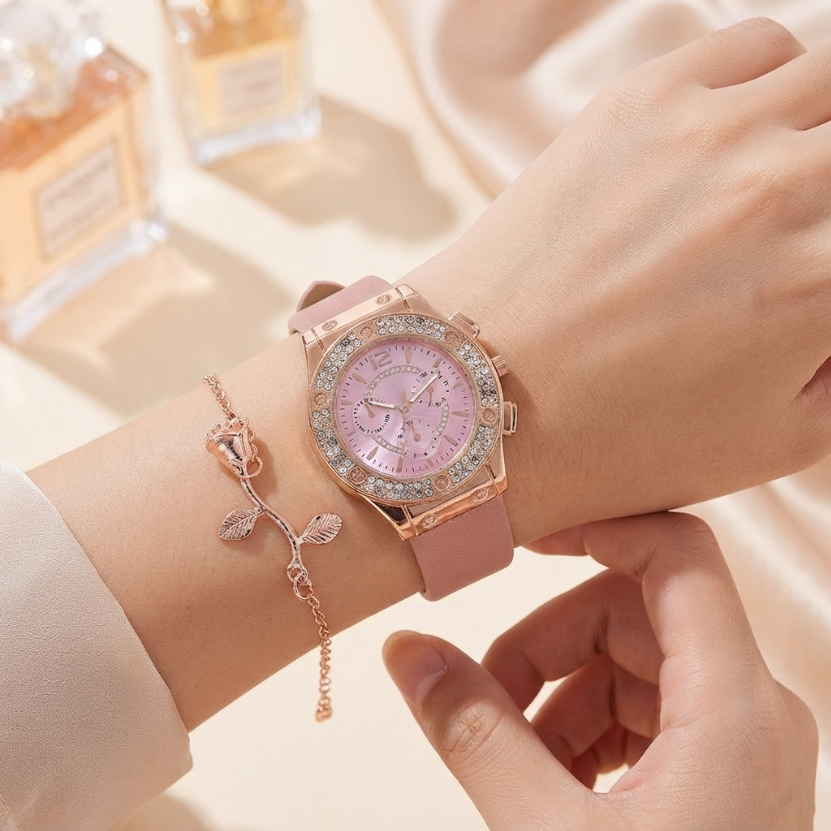 2Pcs Set Watch Bracelet Watch Bohemian Style Fashion Women Rose Gold Pink Diamond Rose Flower Exaggerated Jewelry Set For Shopping And Mtching Everyday Wear Or Gifts